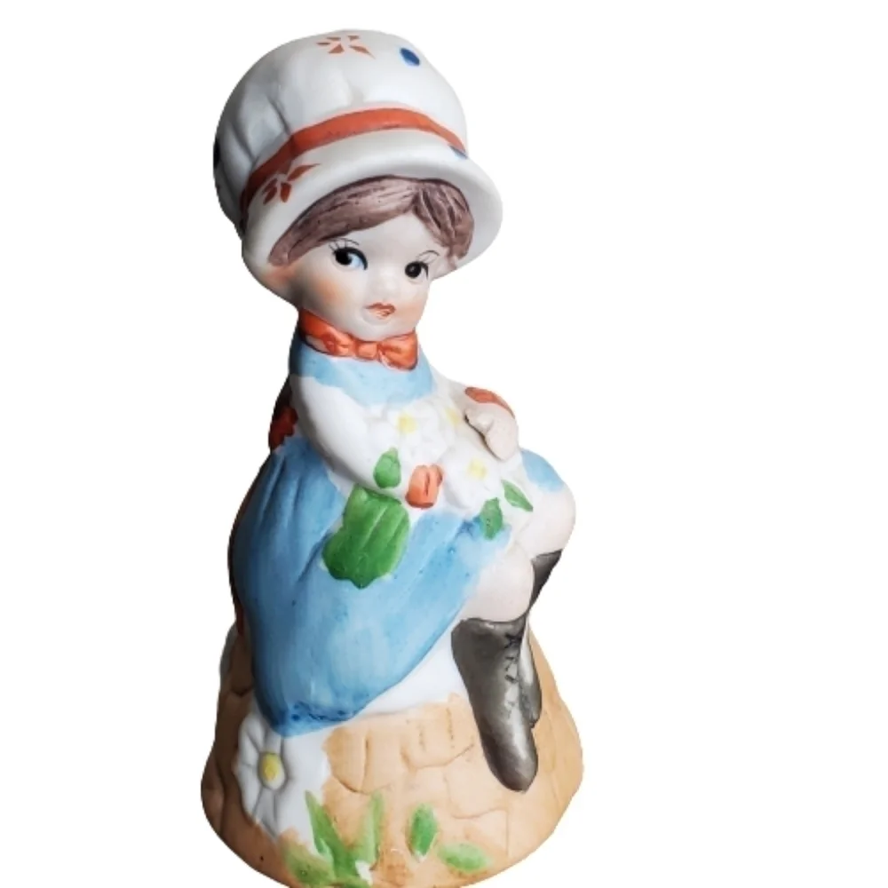 Jasco Adorabelles Vintage Porcelain Little Girl Bonnet Flowers Kitten Bell 4